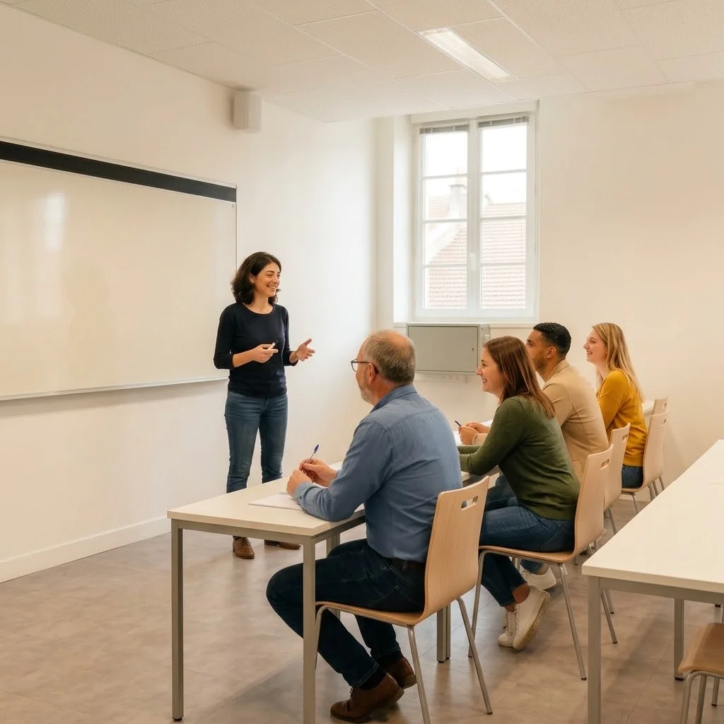 Group of adult learners and native instructor during a group language class at Campus ICP Reims